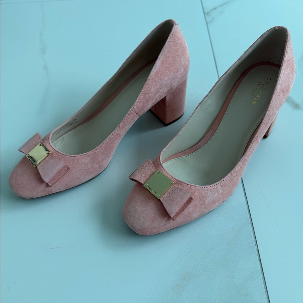 Cole Haan Blush Suede Bow Block Heel Pumps